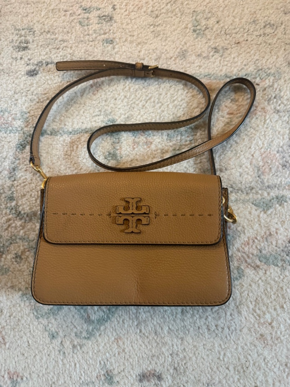Tory Burch Cognac Pebbled Leather Crossbody with Logo Flap